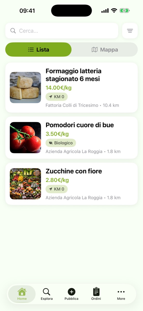 Home con la lista dei prodotti